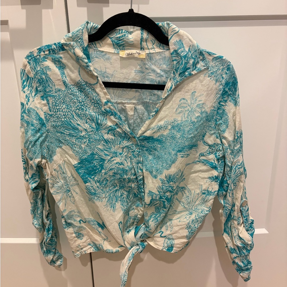 100% Linen Teal and White Women's Top